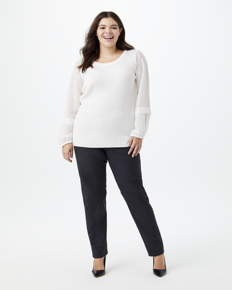 Plus size model with hourglass body shape wearing Seraphina Sheer-Sleeve Sweater by Ryan Wylde | Dia&Co | dia_product_style_image_id:145445
